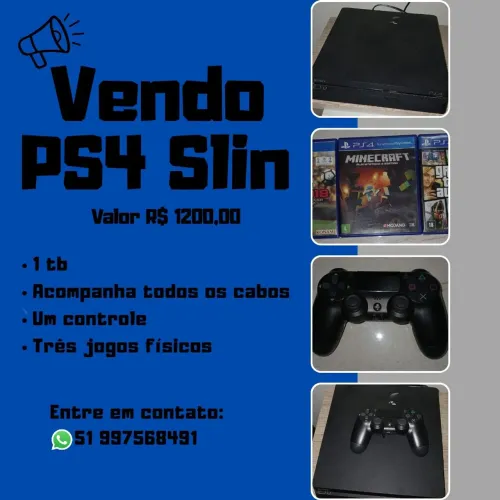 Ps4 slim 1tb. Com 3 jogos físicos e 1 controle