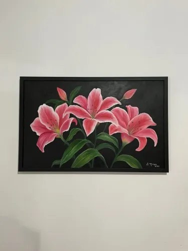 Pintura em tela com moldura - Lírios Rosas