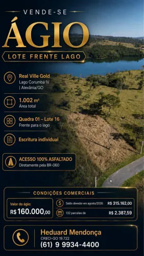 Vende-se ágio de lote frente ao lago, no Condomínio Real Ville Gold Corumbá IV
