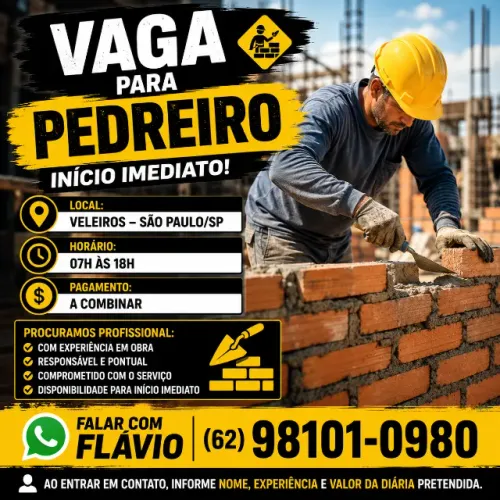 VAGA PARA PEDREIRO ? INÍCIO IMEDIATO!