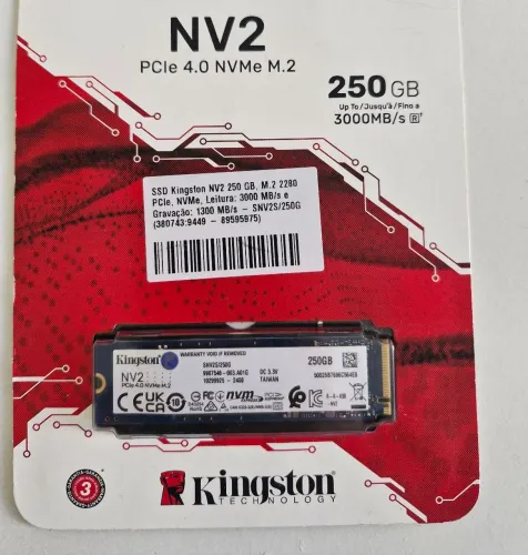 SSD Kingston NV2 250GB - 3000 MB/s de leitura e 1300 MB/s de gravação