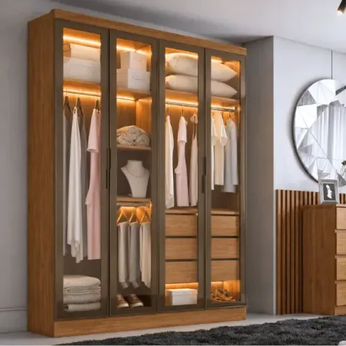 GUARDA-ROUPA RIZON CUMARU (Larg. 1.59m 4 Portas Reflecta C/ LED 3 Gavetas)