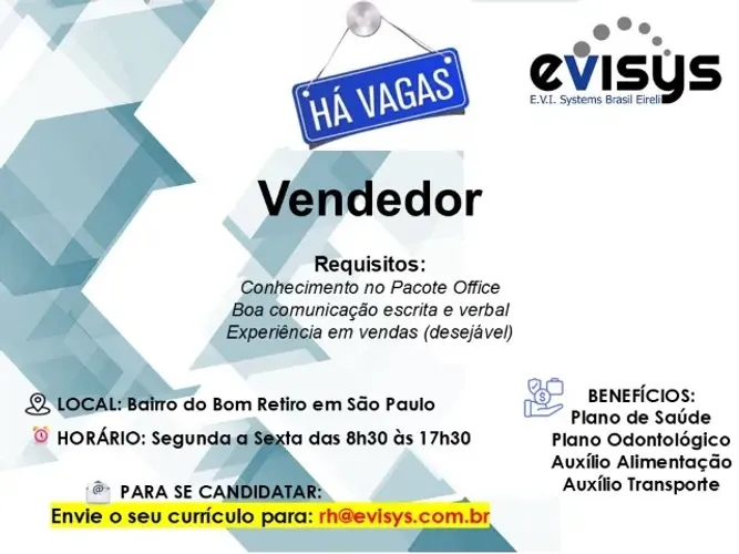 Vaga para Vendedor bom retiro centro SP inicio imediato CLT