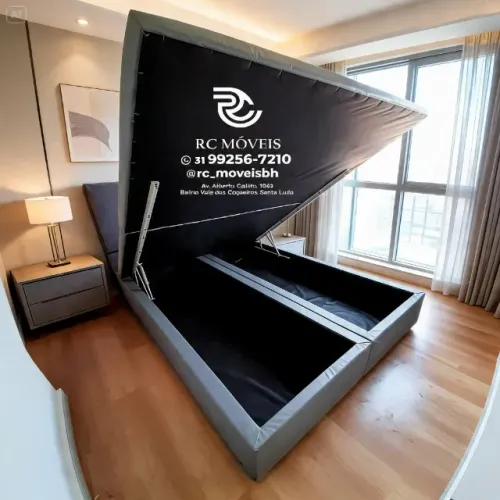 Cama Box Baú Casal 1,38x1,88 Bipartido Pistão a Gás Suede Cinza Premium