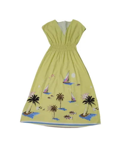 Vestido Longo Casual Praiano Amarelo / Verde Lima Estampa Coqueiros e Barcos