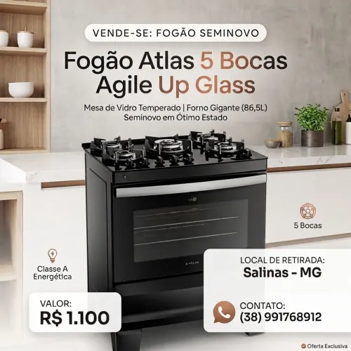 FOGÃO Atlas 5 bocas - Agile Up Glass