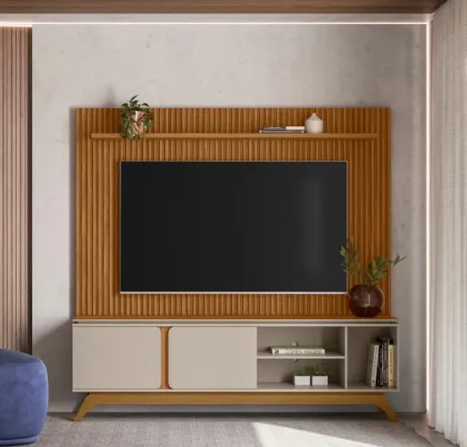 Conjunto Painel e Rack Sorrento 201 Nature e Off White