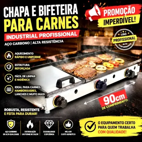 Chapa e Bifeteira Para Carnes Industrial Aço Carbono 90cm PROFISSIONAL- PROMOÇÃO