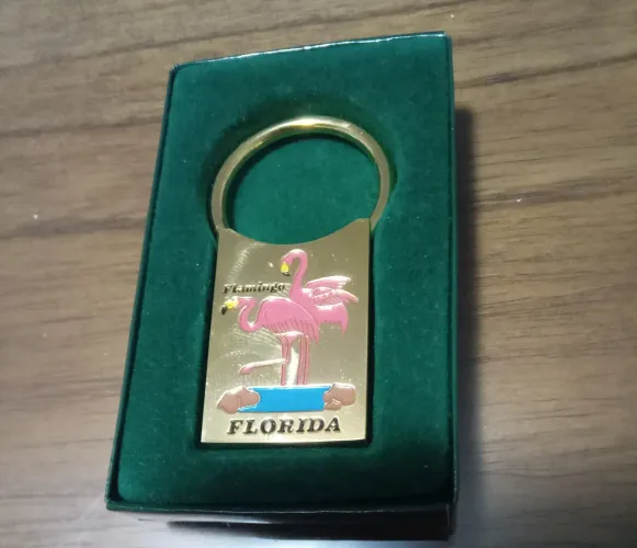 Chaveiro metal banhado a ouro Flamingo Florida importado Estados Unidos novo na caixa