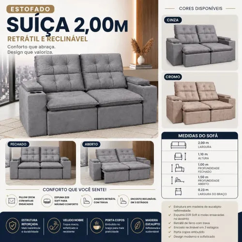 Sofá suíça retrátil e reclinável 2.00m cinza