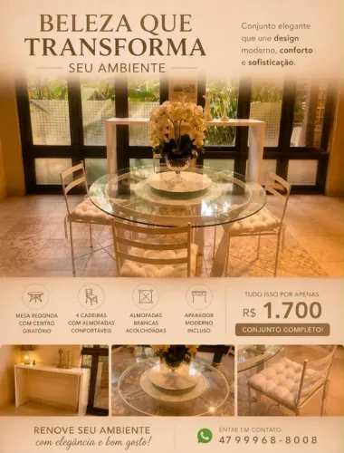 Conjunto mesa com centro giratória e cadeiras