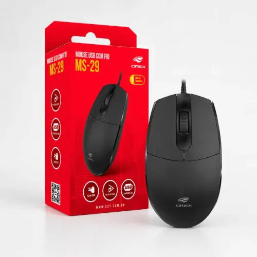 Mouse C3Tech MS-29BK Preto USB com Cabo de 2 Metros ? Novo