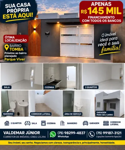OPORTUNIDADE! CASA 2 QUARTOS NO TOMBA - R$ 145 MIL