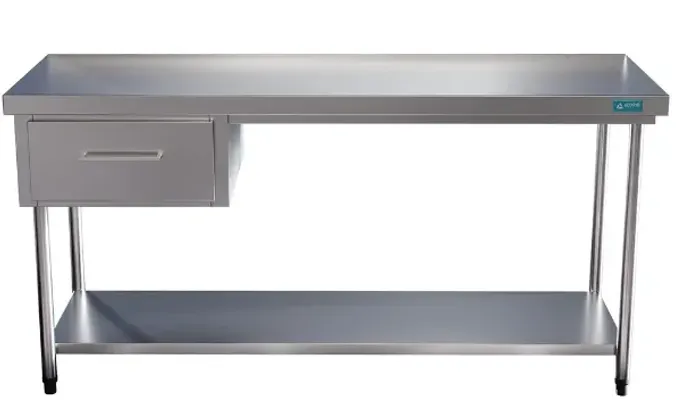 Mesa Bancada Em Aço Inox com Duas Gavetas e Prateleira