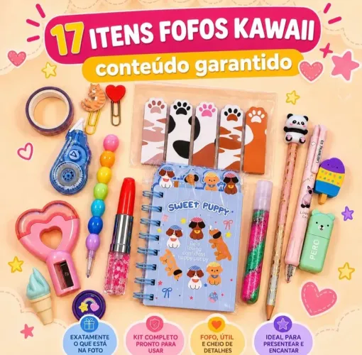 Papelaria Fofa 17 itens Canetas Apontador Borracha Clipes Cola Minicaderno Marca Textos