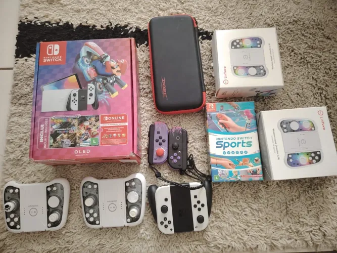 Kit Nintendo Switch OLED Completo + Vários Controles LinYuvo + Switch Sports + Case DOBE