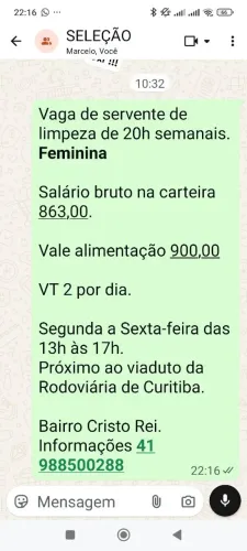 VAGA SERVENTE DE LIMPEZA FEMININA