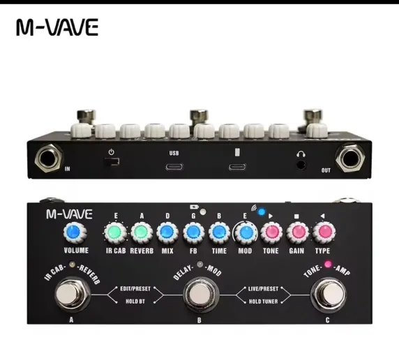 Pedal Pedaleira Guitarra M-Wave Cuvave Preto Reverb Chorus Bluetooth Recarregável 