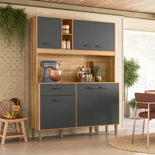Armário De Cozinha Kit Erva Doce Nicioli 140 6 Portas 1 Gaveta Moderno Cor Freijó Chumbo