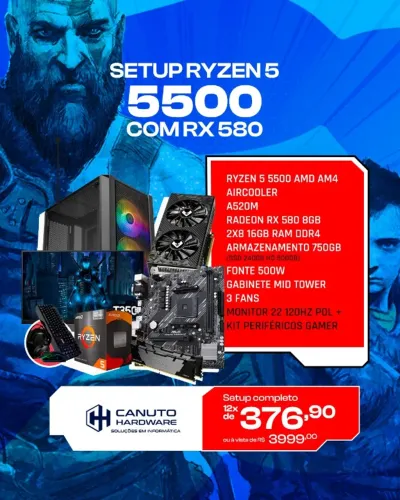 Setup completo Ryzen 5 5500 com RX 580 8 GB