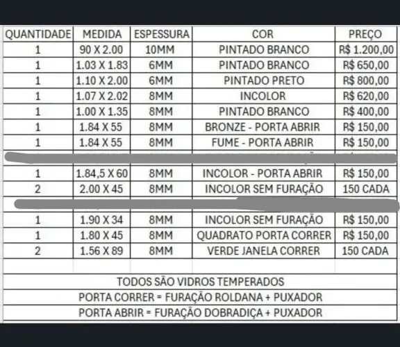 Vidro temperado várias medidas 