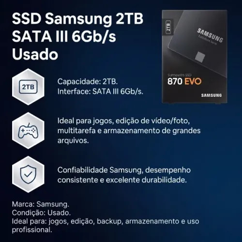 SSD Samsung 2TB SATA - USADO- Alta Capacidade - Perfeito para Jogos e Trabalho