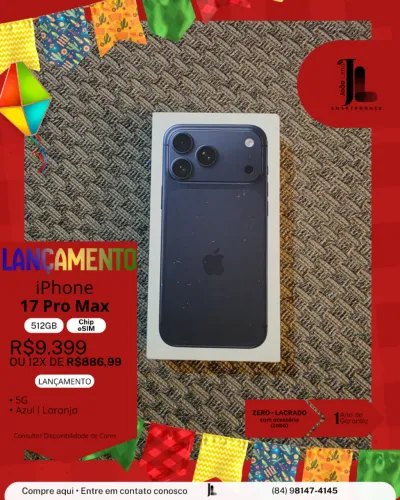 IPHONE 17 PRO MAX, 512GB, CHIP ESIM, AZUL OU LARANJA, LACRADO, LANÇAMENTO!