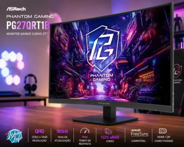 Monitor Gamer ASRock Phantom Gaming 27" QHD 180Hz 1ms Curvo