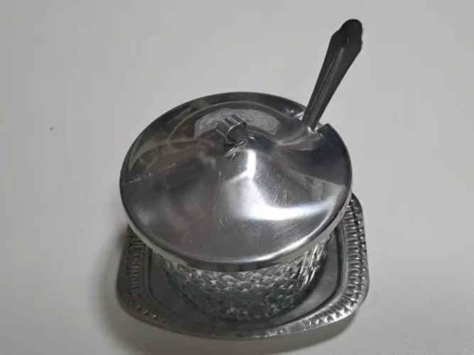 Açucareiro Vintage Luzalite Aço Inox com prato e colher. Anos 70/80- Usado e em bom estado