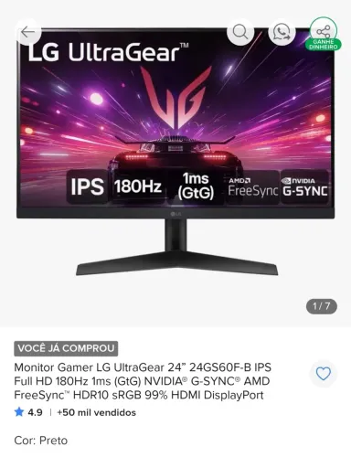 Monitor Gamer LG UltraGear 24 180HZ 1ms HDR10 - FHD IPS