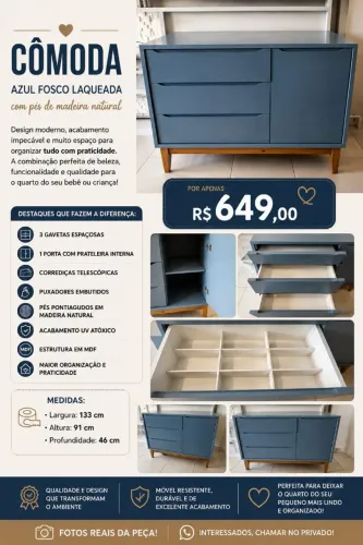 CÔMODA | AZUL FOSCO LAQUEADO + MADEIRA NATURAL