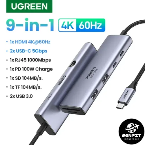 Hub Ugreen Adaptador Tipo C Portas RJ45 + HDMI 4K60Hz + PD + SD + TF + 2xUSB3.0 + 2xUSB C