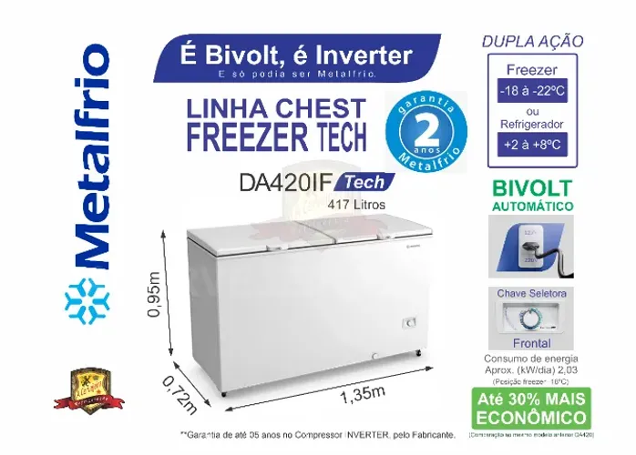 Freezer Horizontal Dupla Ação linha Tech INVERTER, BIVOLT Metalfrio (417 litros)