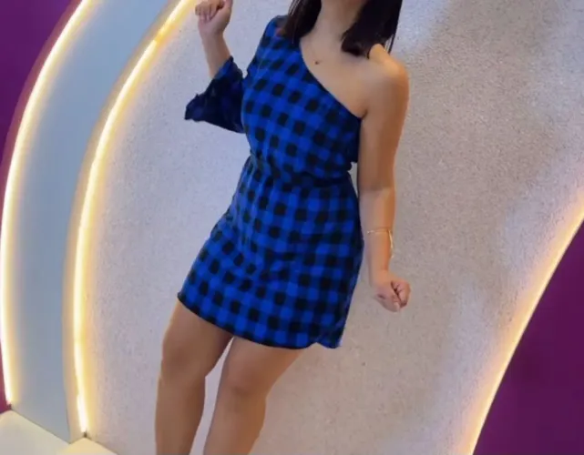 Vestido Azul Xadrez Ombro Único