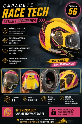 Capacete Race Tech tamanho 56 - Amarelo, Preto e Rosa