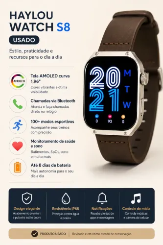 Smartwatch Haylou Watch S8 AMOLED, usado em excelente estado, com pulseira estilo couro