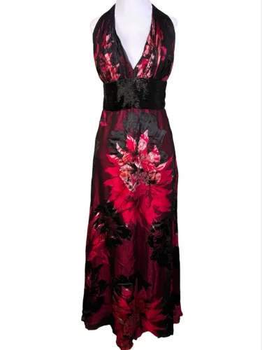 Vestido de Festa Longo Seda Pura Importado Michelle Couture Bordado Rosa e Preto