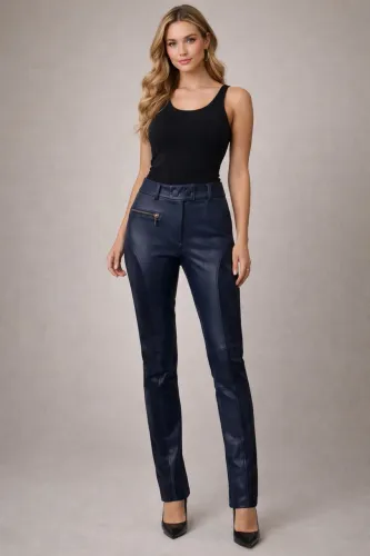 Calça couro legítimo azul marinho TAM 34/36