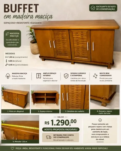 Buffet em Madeira Maciça - Lindo, espaçoso e bem conservado.