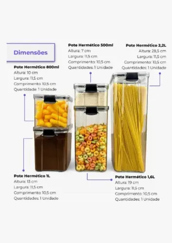 Kit Pote Hermético Para Mantimentos De Cozinha Dispensa Armário - 5un. Potes Transparente