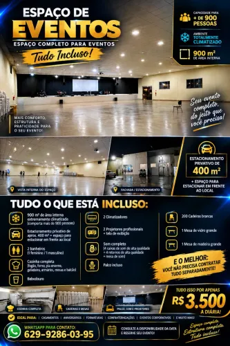 ESPAÇO PARA EVENTOS 900m² CLIMATIZADO | SOM + PROJETORES + PALCO | TUDO INCLUSO