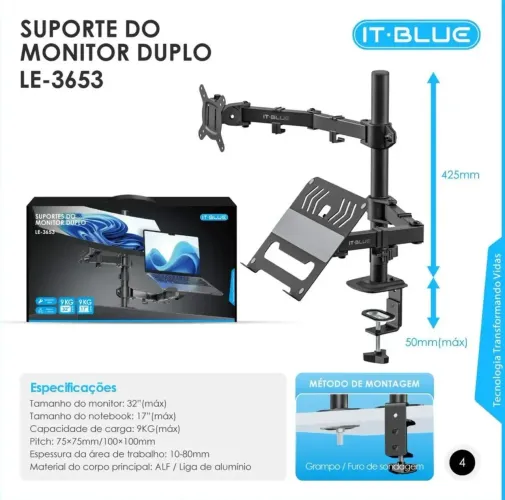 Suporte De Mesa Articulado Até 32 Polegadas Peso Sup 9kg Pre