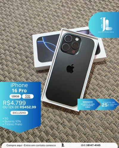 IPHONE 16 PRO, 5G, 128GB, CHIP ESIM, TITÂNIO PRETO, SEMINOVO , EXCLUSIVO!