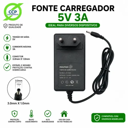 Fonte Notebook Positivo, 5V, 3A, stilo one XC3550, pn: 1500-02, Plug Preto 3.0m