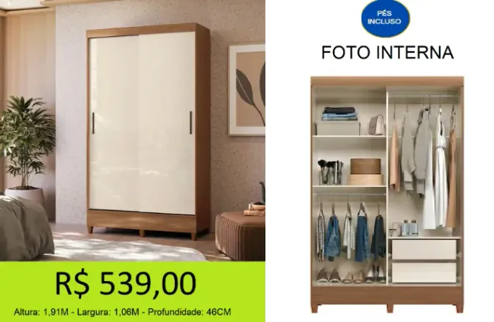 Guarda roupa de solteiro portas de correr - frete fixo apenas 29,00