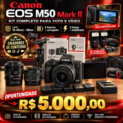 Kit Camera Canon EOS M50 Mark II + 2 lentes + estabilizador + flashes e microfone