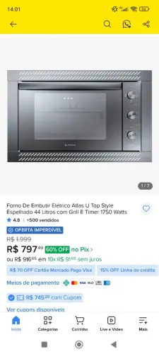 Forno de embutir elétrico Atlas utop 44l 220v