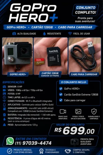 Go Pro Hero+. Cartão de memória 128gb e cabo