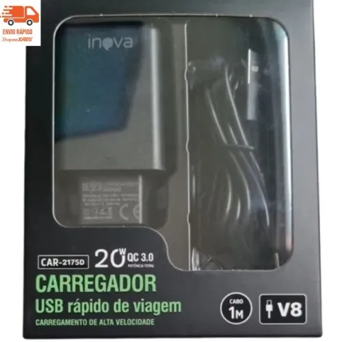 Carregador Rápido de Viagem Inova 20W QC 3.0 + Cabo V8 (1 Metro)