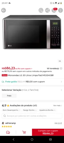 MICROONDAS LG INOX ESPELHADO DE 600 POR 400